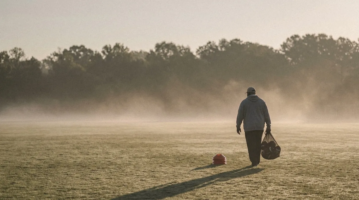 A coach walking across a foggy practice field at dawn, carrying an equipment bag
